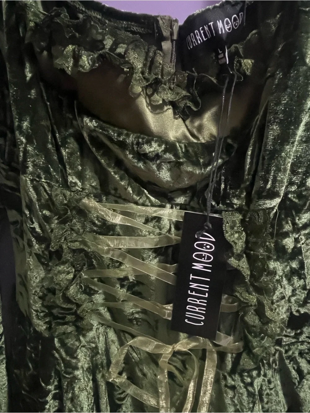 Current Mood Myths N Legends Green Velvet Mini Dress Forest Fairy, L (BNWT) - Picture 7 of 9
